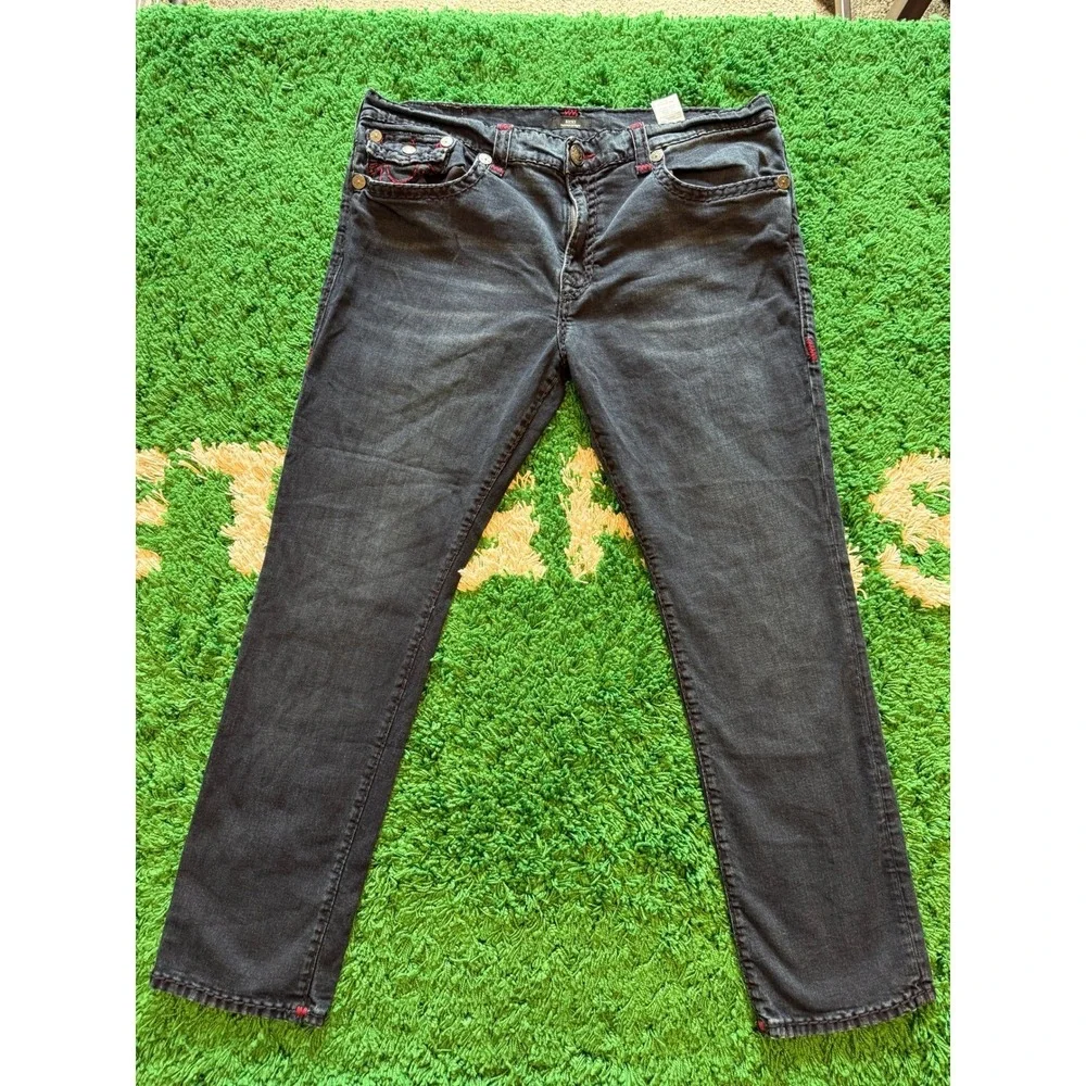 True Religion Geno Jeans Mens 42 Black Excellent Red Stitch Straight Leg Denim